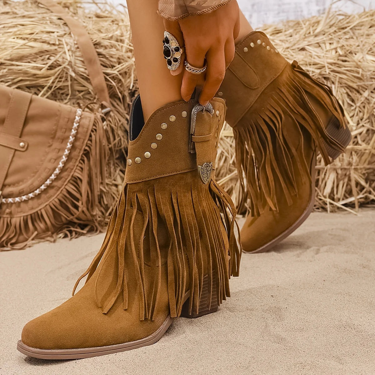 Lyra Cowboy Boots | Women's Wide Calf, Fringe Design, Block Heel 3