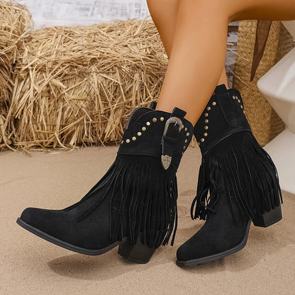Lyra Cowboy Boots | Women's Wide Calf, Fringe Design, Block Heel 4