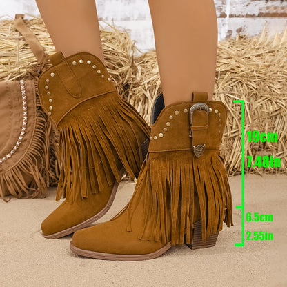 Lyra Cowboy Boots | Women's Wide Calf, Fringe Design, Block Heel 6