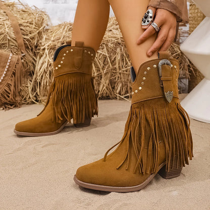 Lyra Cowboy Boots | Women's Wide Calf, Fringe Design, Block Heel 7
