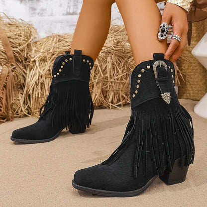 Lyra Cowboy Boots | Women's Wide Calf, Fringe Design, Block Heel 8