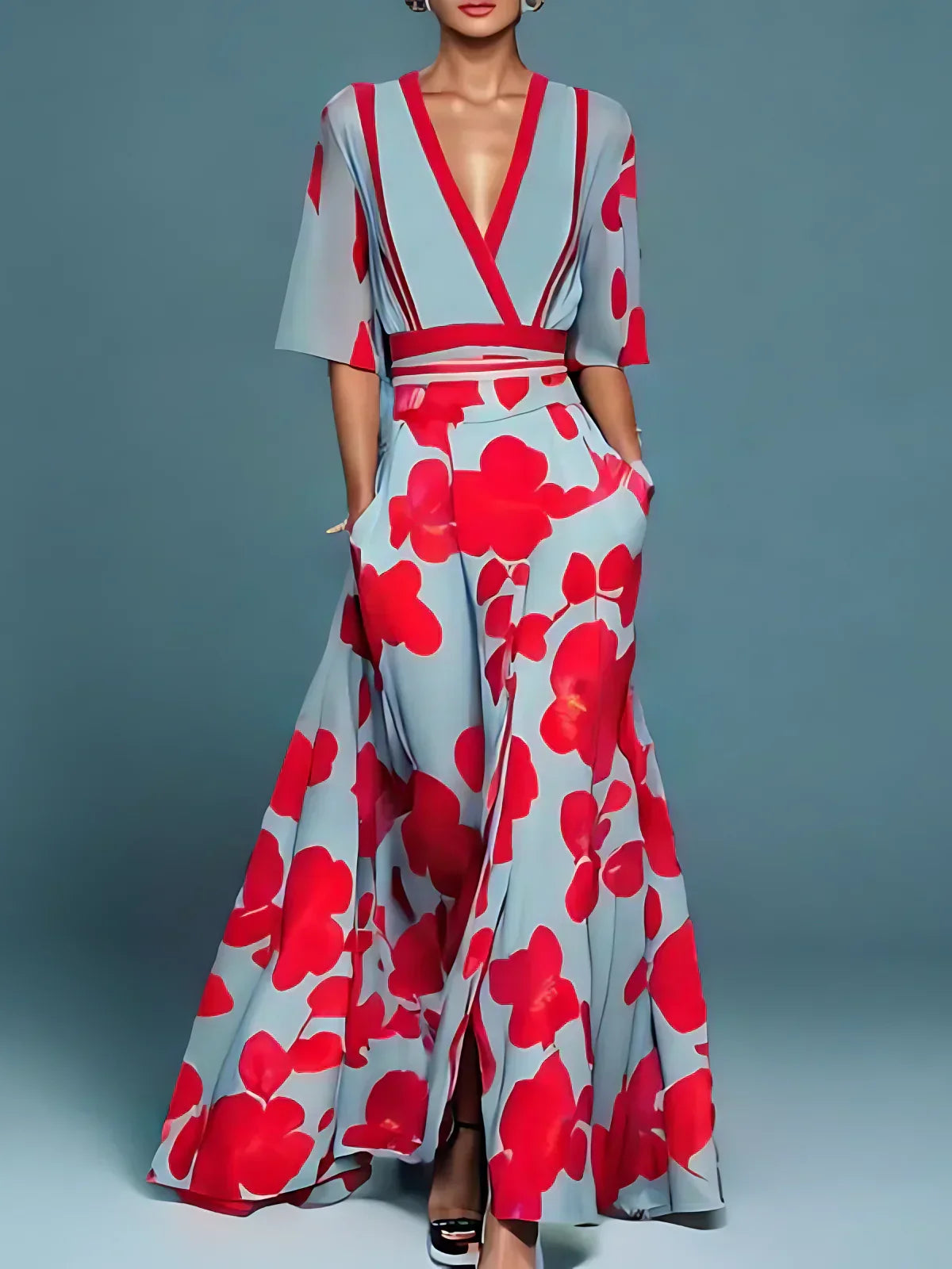 Maine | Elegant Floral V-Neck Long Dress 0