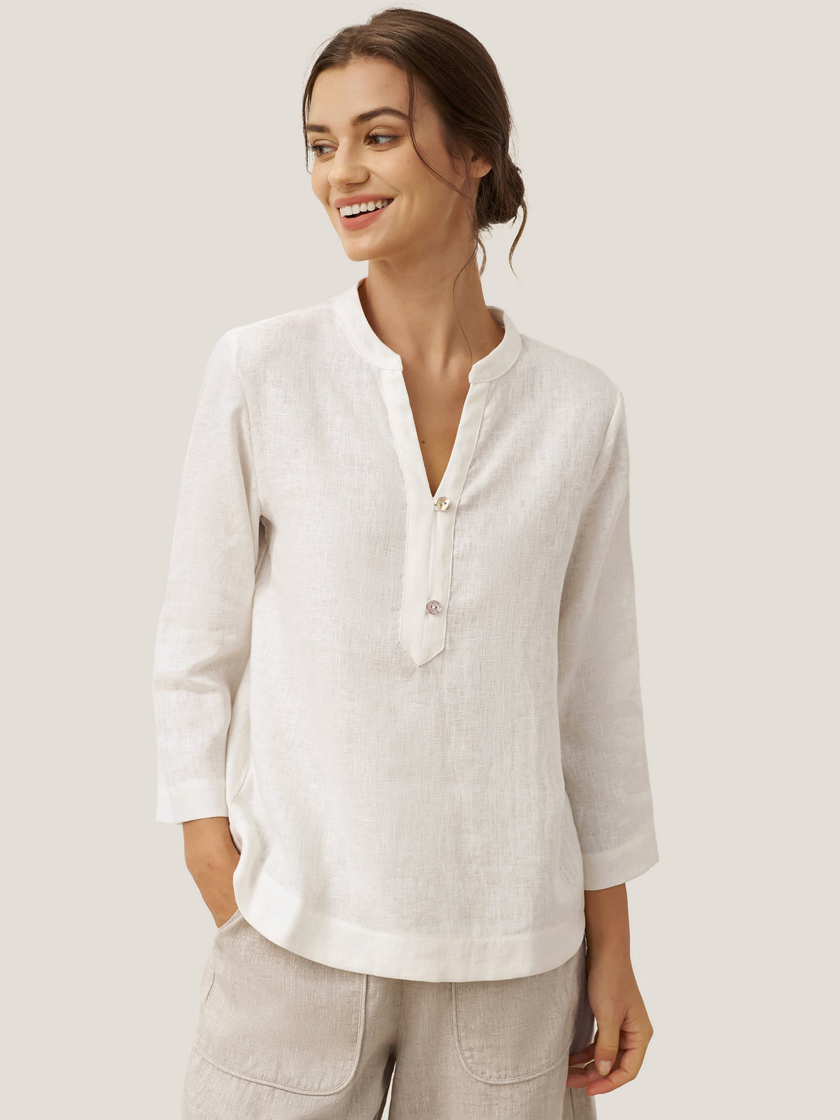Mason | Elegant Linen Deep V-Neck Pullover with Button Trim 0