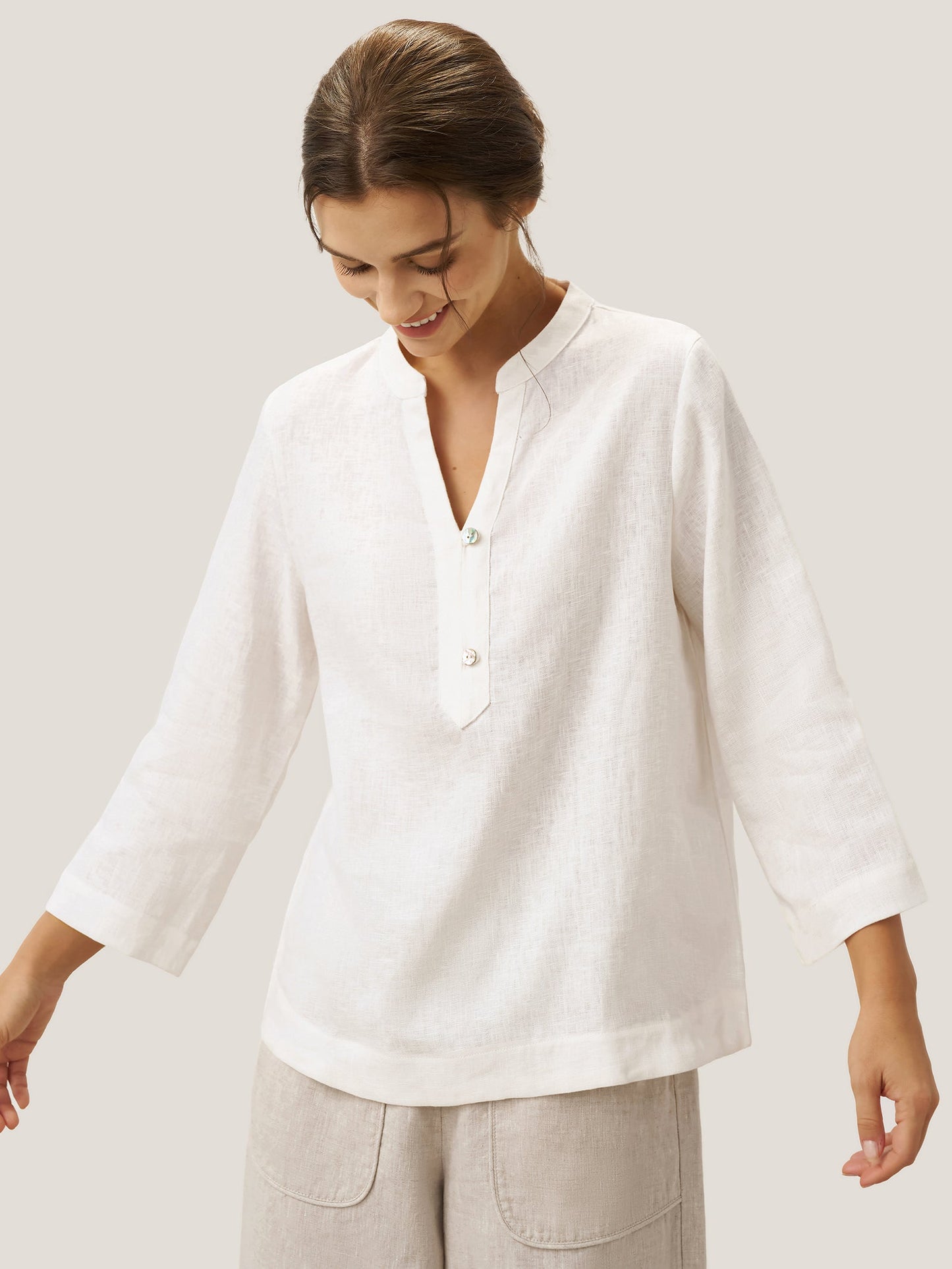 Mason | Elegant Linen Deep V-Neck Pullover with Button Trim 2