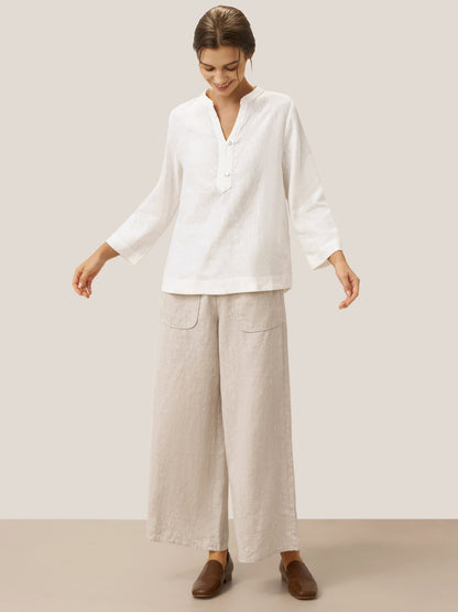 Mason | Elegant Linen Deep V-Neck Pullover with Button Trim 3