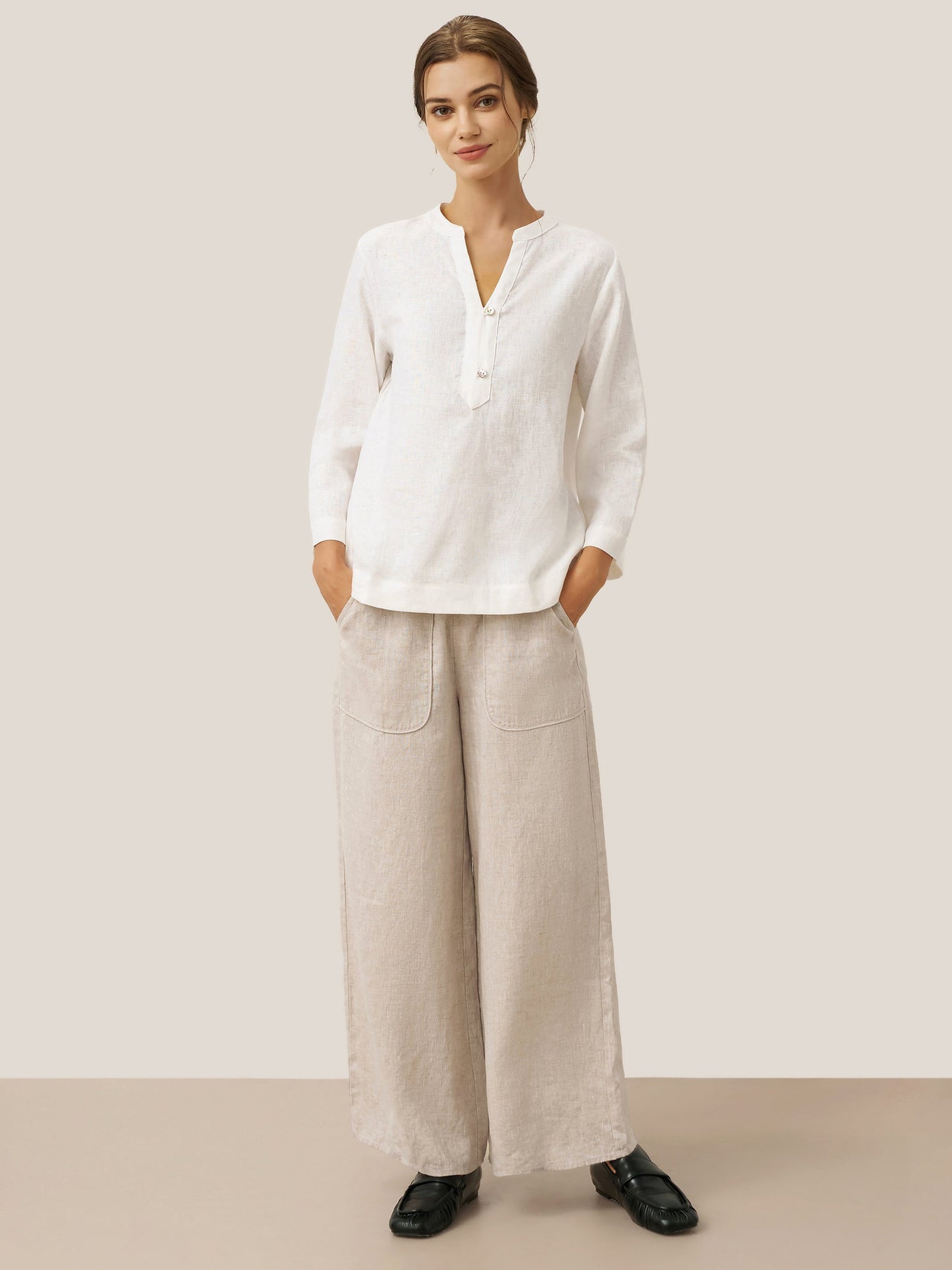 Mason | Elegant Linen Deep V-Neck Pullover with Button Trim 4