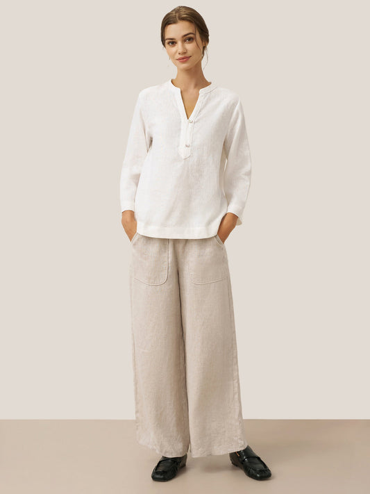 Mason | Elegant Linen Deep V-Neck Pullover with Button Trim 4