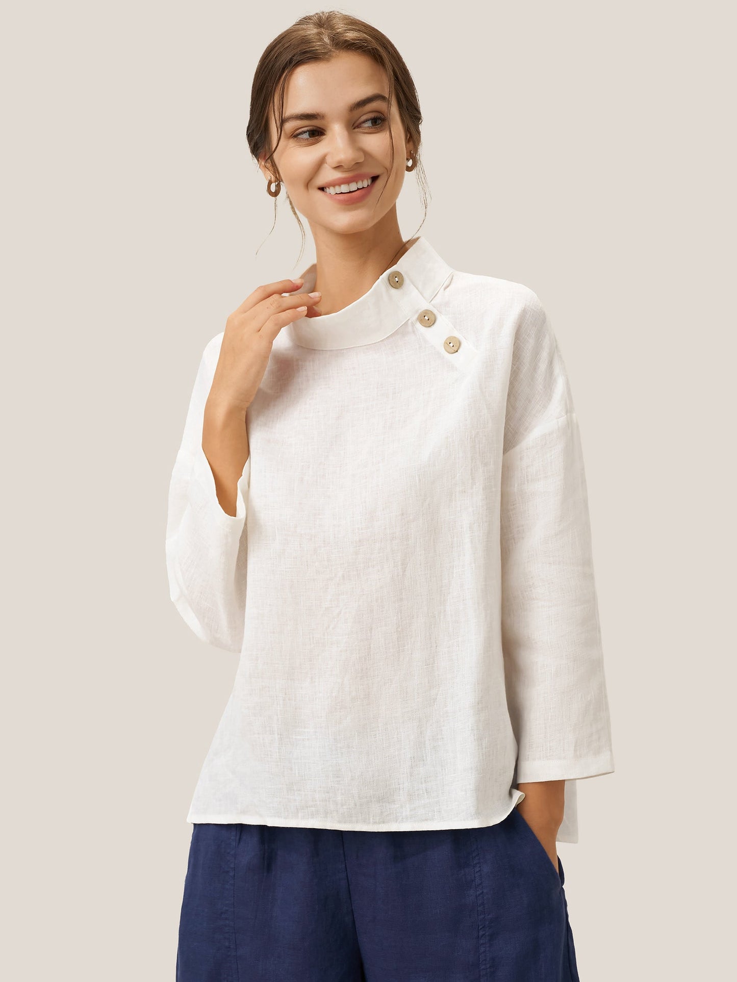 Maya | Elegant Relaxed Linen Women's Top with Mock Neck and Long Sleeves 0