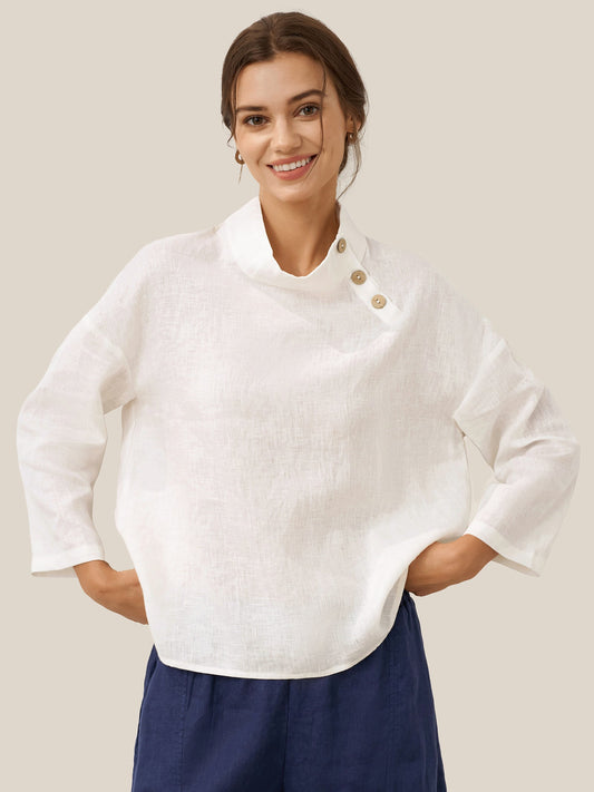 Maya | Elegant Relaxed Linen Women's Top with Mock Neck and Long Sleeves 2