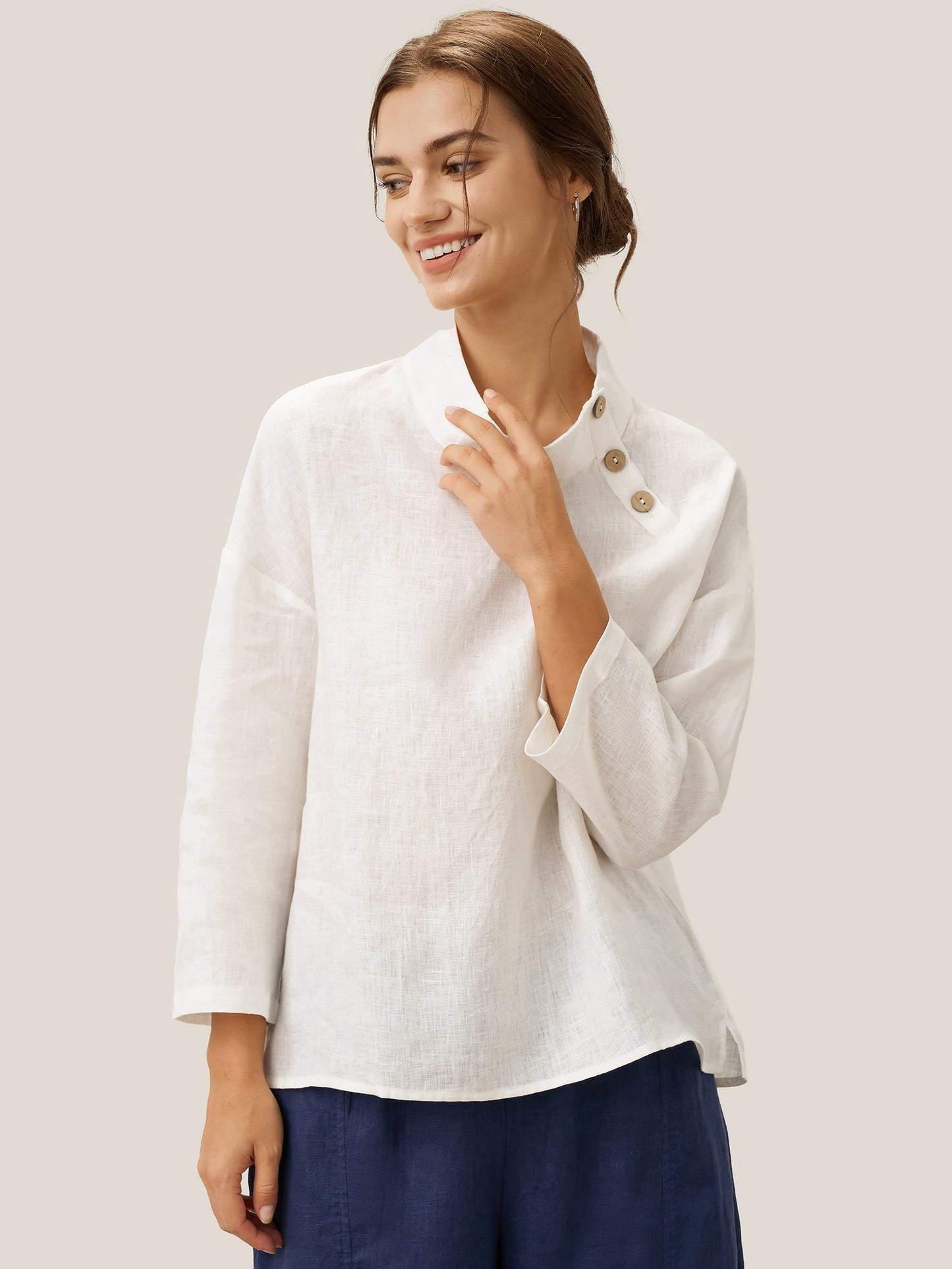 Maya | Elegant Relaxed Linen Women's Top with Mock Neck and Long Sleeves 4
