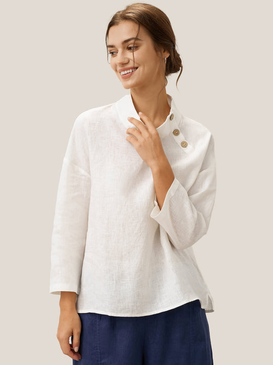 Maya | Elegant Relaxed Linen Women's Top with Mock Neck and Long Sleeves 4