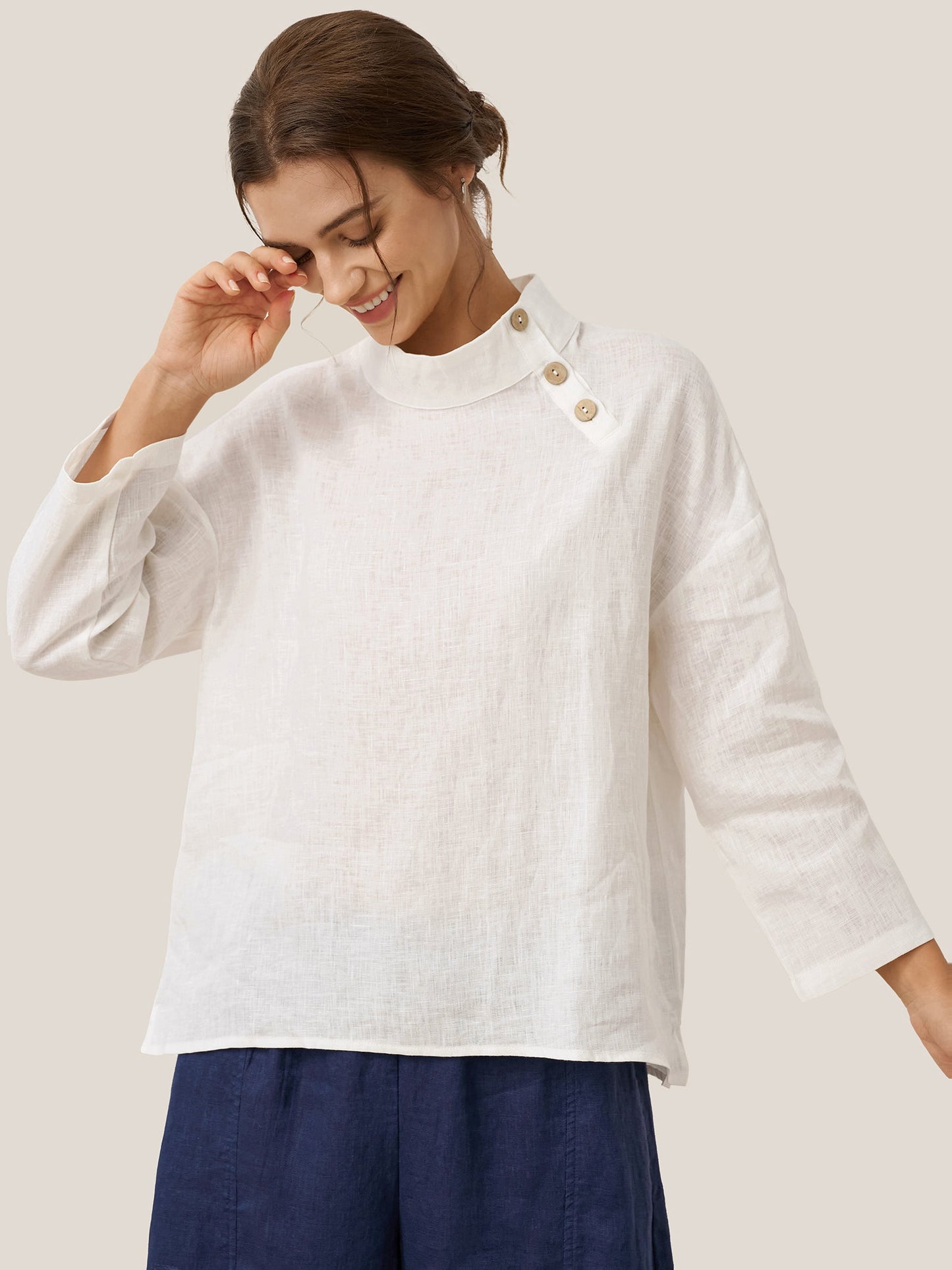 Maya | Elegant Relaxed Linen Women's Top with Mock Neck and Long Sleeves 5
