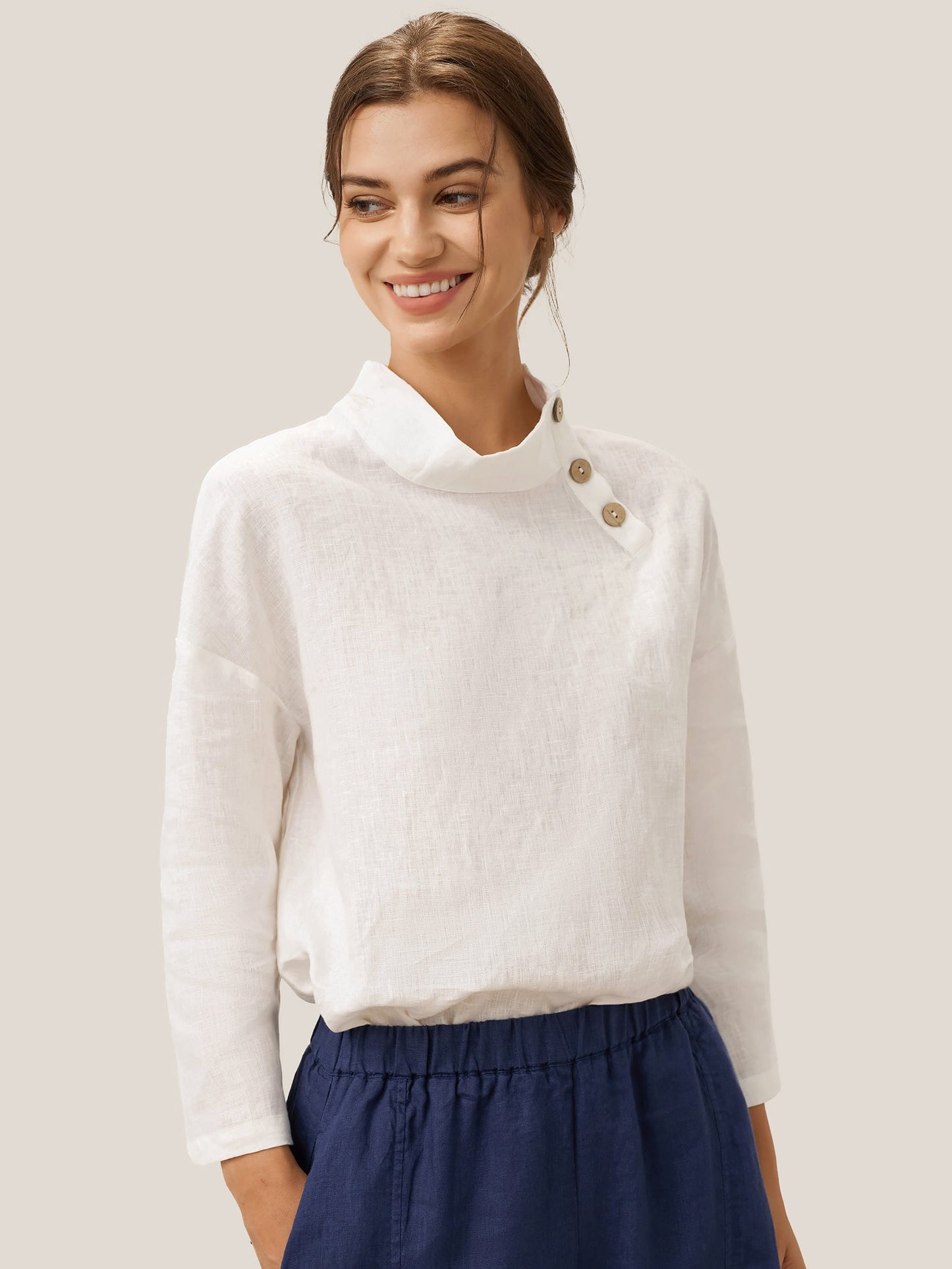 Maya | Elegant Relaxed Linen Women's Top with Mock Neck and Long Sleeves 6