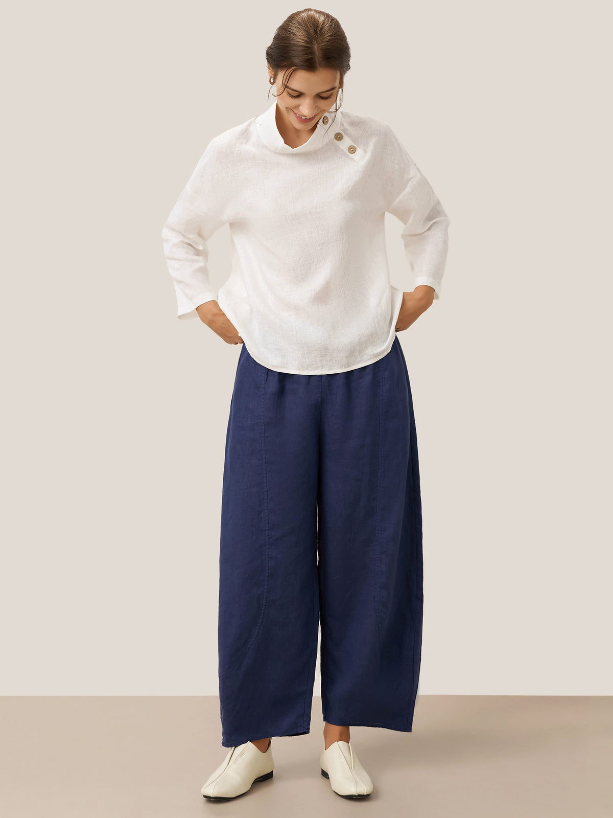 Maya | Elegant Relaxed Linen Women's Top with Mock Neck and Long Sleeves 7