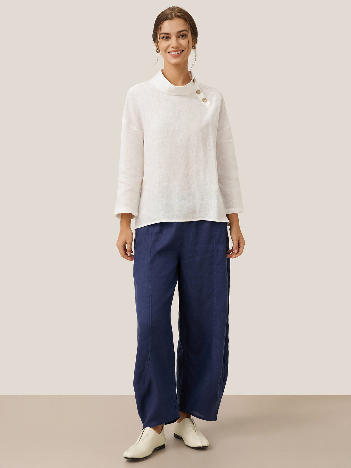 Maya | Elegant Relaxed Linen Women's Top with Mock Neck and Long Sleeves 8