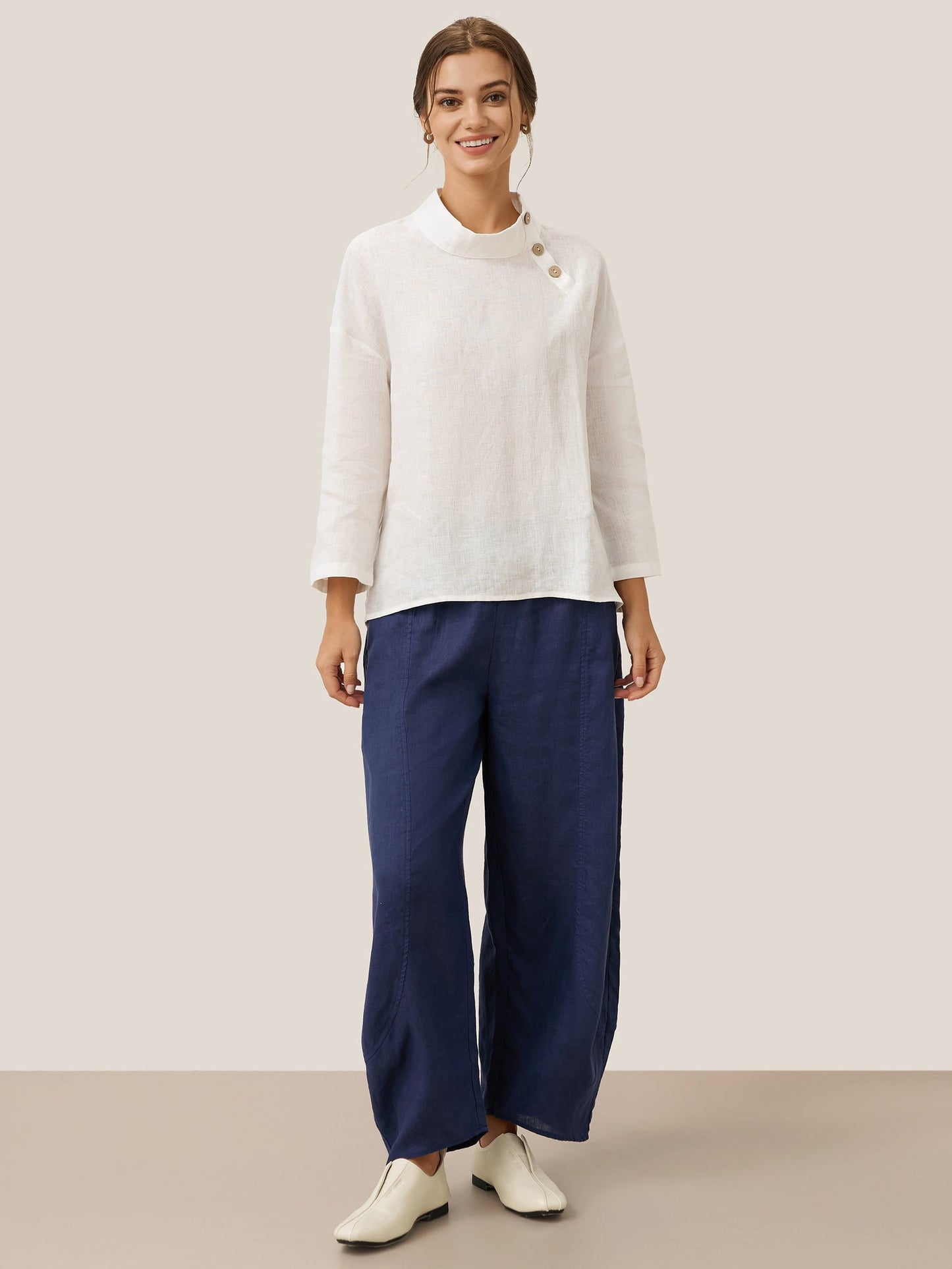 Maya | Elegant Relaxed Linen Women's Top with Mock Neck and Long Sleeves 8