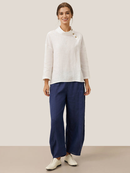 Maya | Elegant Relaxed Linen Women's Top with Mock Neck and Long Sleeves 8