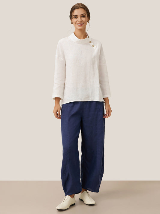 Maya | Elegant Relaxed Linen Women's Top with Mock Neck and Long Sleeves 8