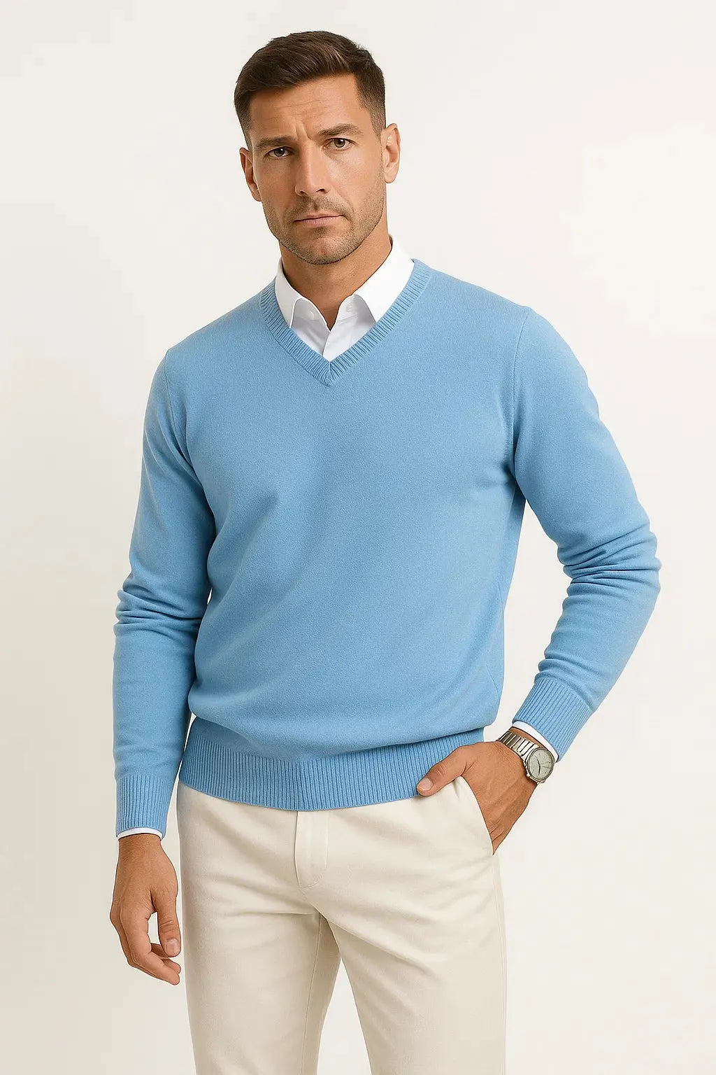Men's Cashmere Pullover V-Neck Slim Fit Elegant Casual Wear 4