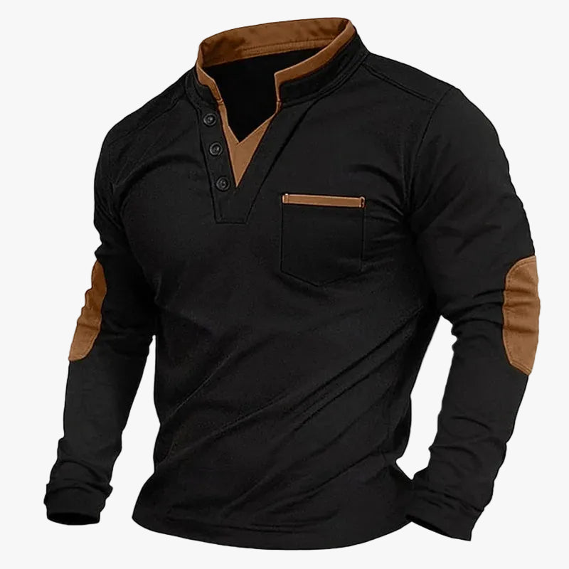 Men's Casual Knit Henley Top with Stand Collar and Elbow Patches 0