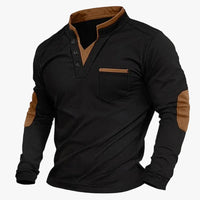 Men's Casual Knit Henley Top with Stand Collar and Elbow Patches 0