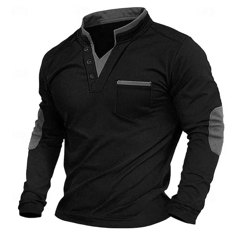 Men's Casual Knit Henley Top with Stand Collar and Elbow Patches 1