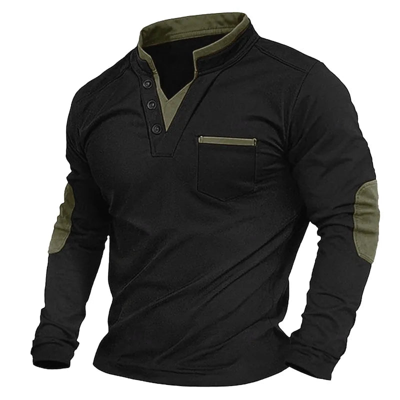 Men's Casual Knit Henley Top with Stand Collar and Elbow Patches 2