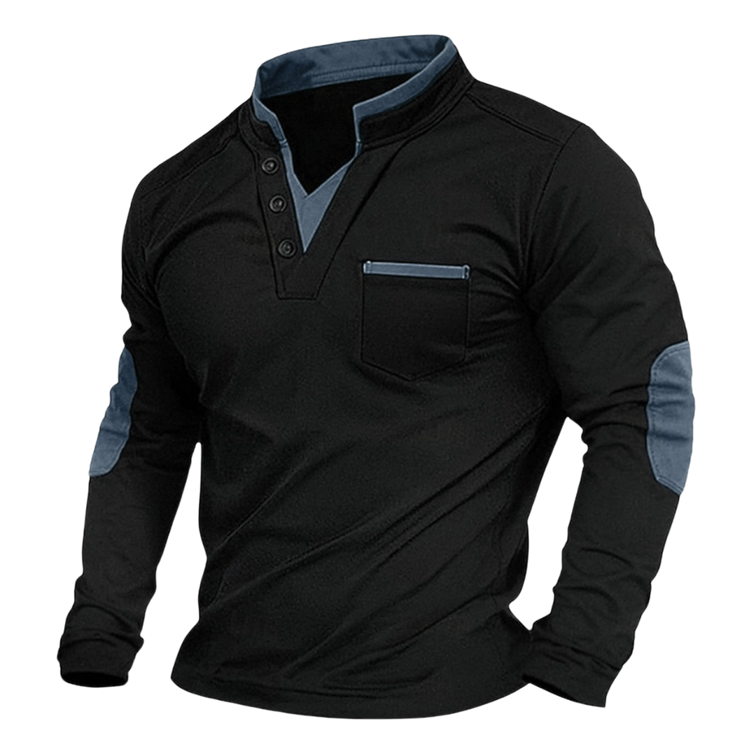 Men's Casual Knit Henley Top with Stand Collar and Elbow Patches 3