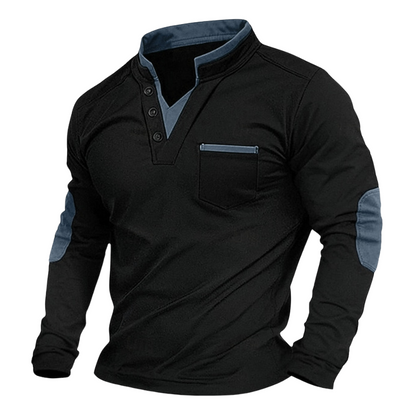 Men's Casual Knit Henley Top with Stand Collar and Elbow Patches 3