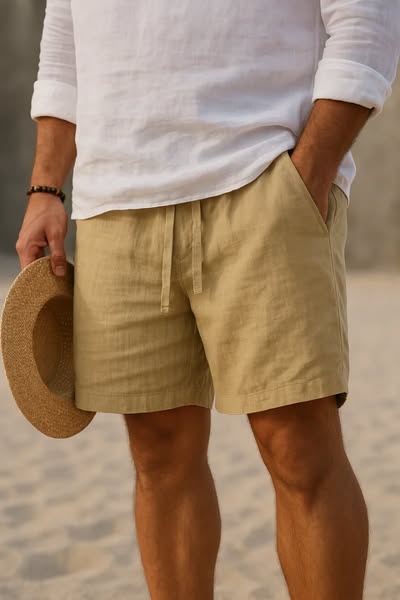 Men's Casual Linen-Blend Shorts with Drawstring Waist and Pockets 2
