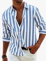 Men's Casual Woven Shirt with Vertical Stripes and Button Cuffs 0