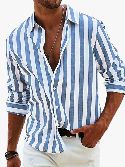 Men's Casual Woven Shirt with Vertical Stripes and Button Cuffs 0