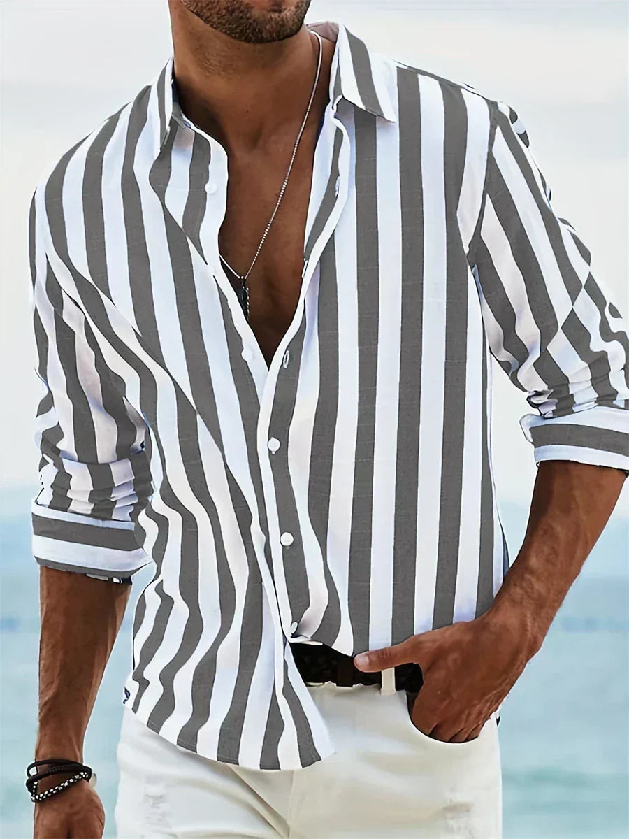 Men's Casual Woven Shirt with Vertical Stripes and Button Cuffs 1