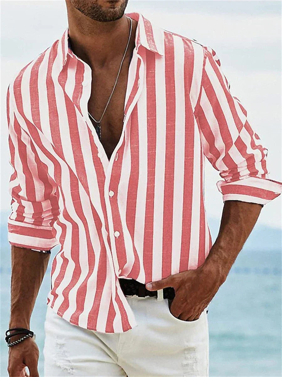 Men's Casual Woven Shirt with Vertical Stripes and Button Cuffs 2