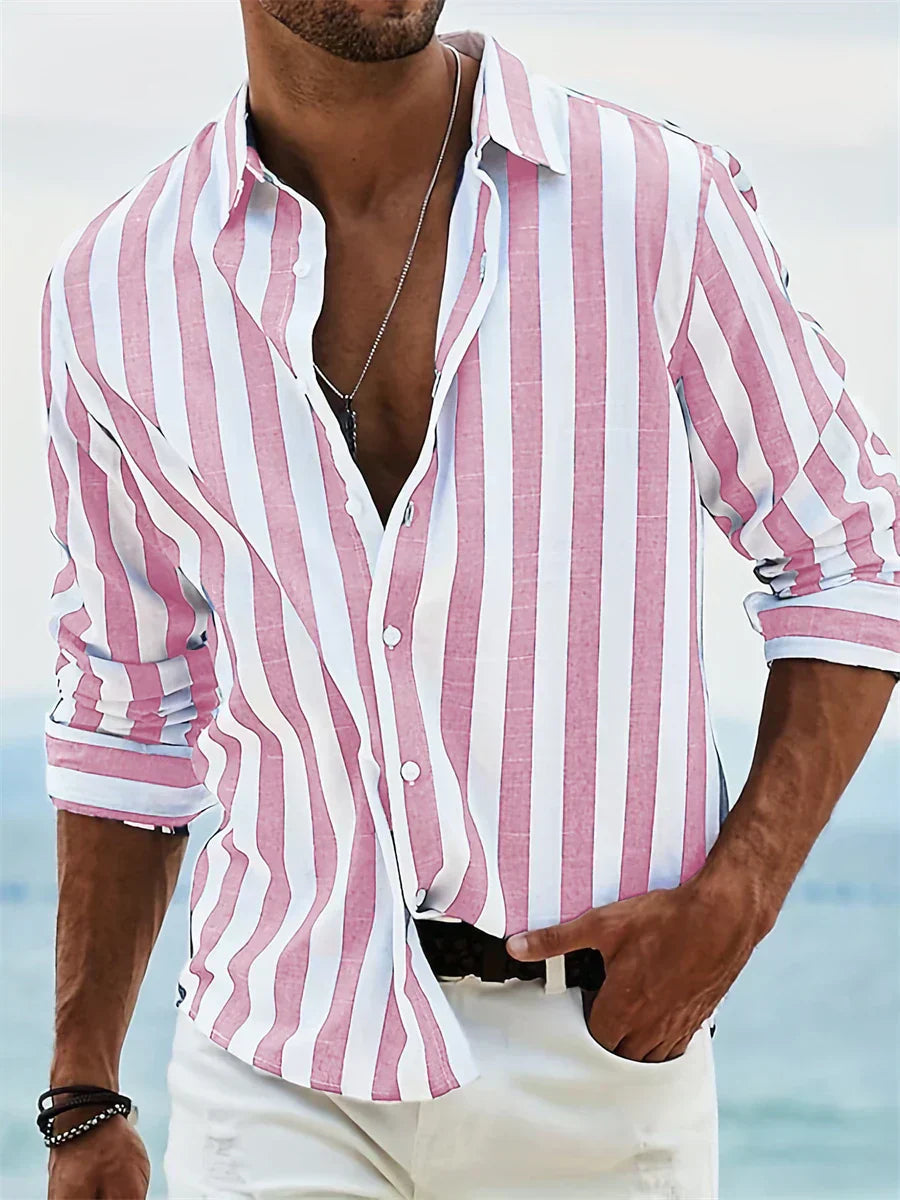 Men's Casual Woven Shirt with Vertical Stripes and Button Cuffs 3