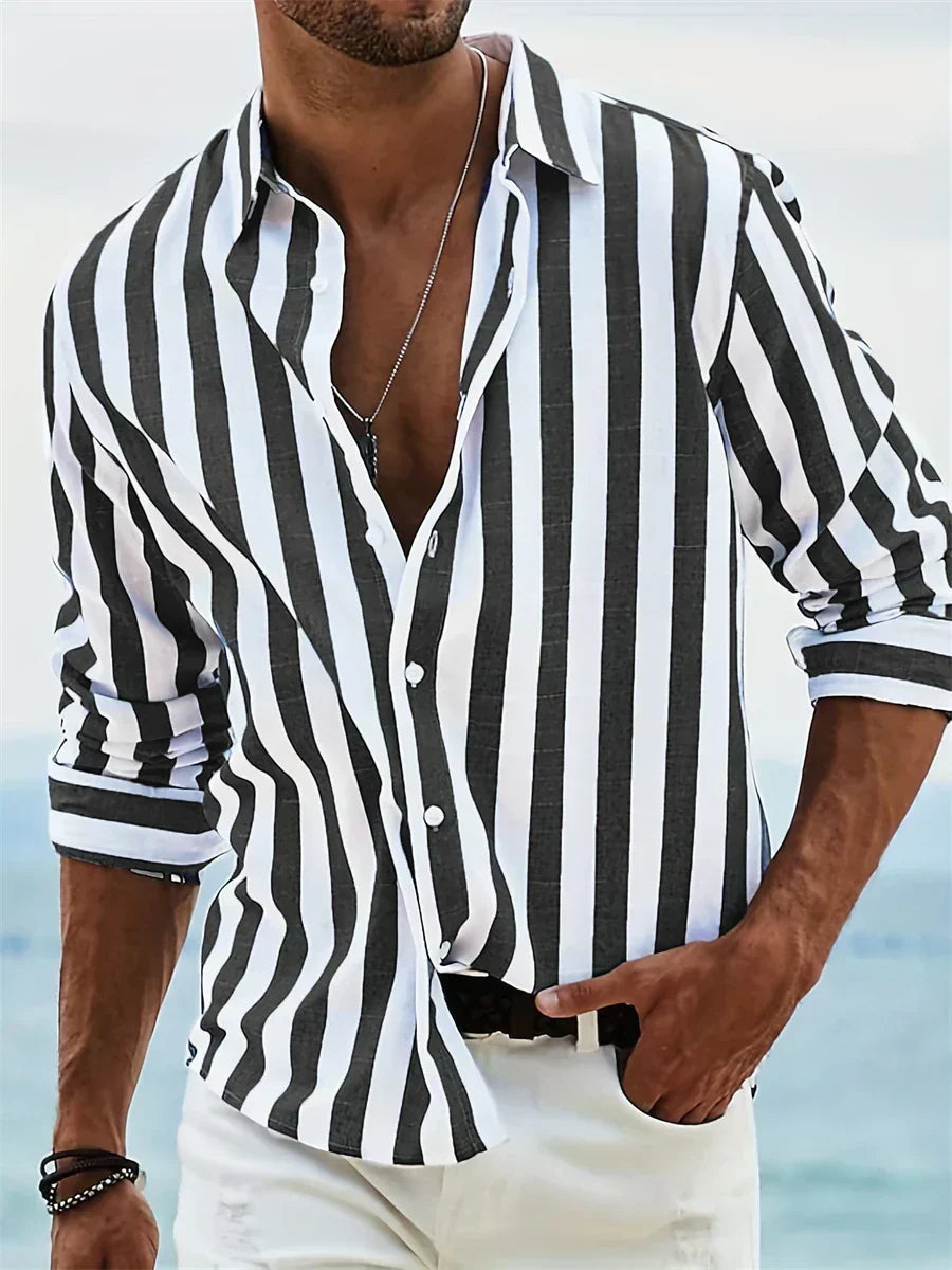 Men's Casual Woven Shirt with Vertical Stripes and Button Cuffs 4