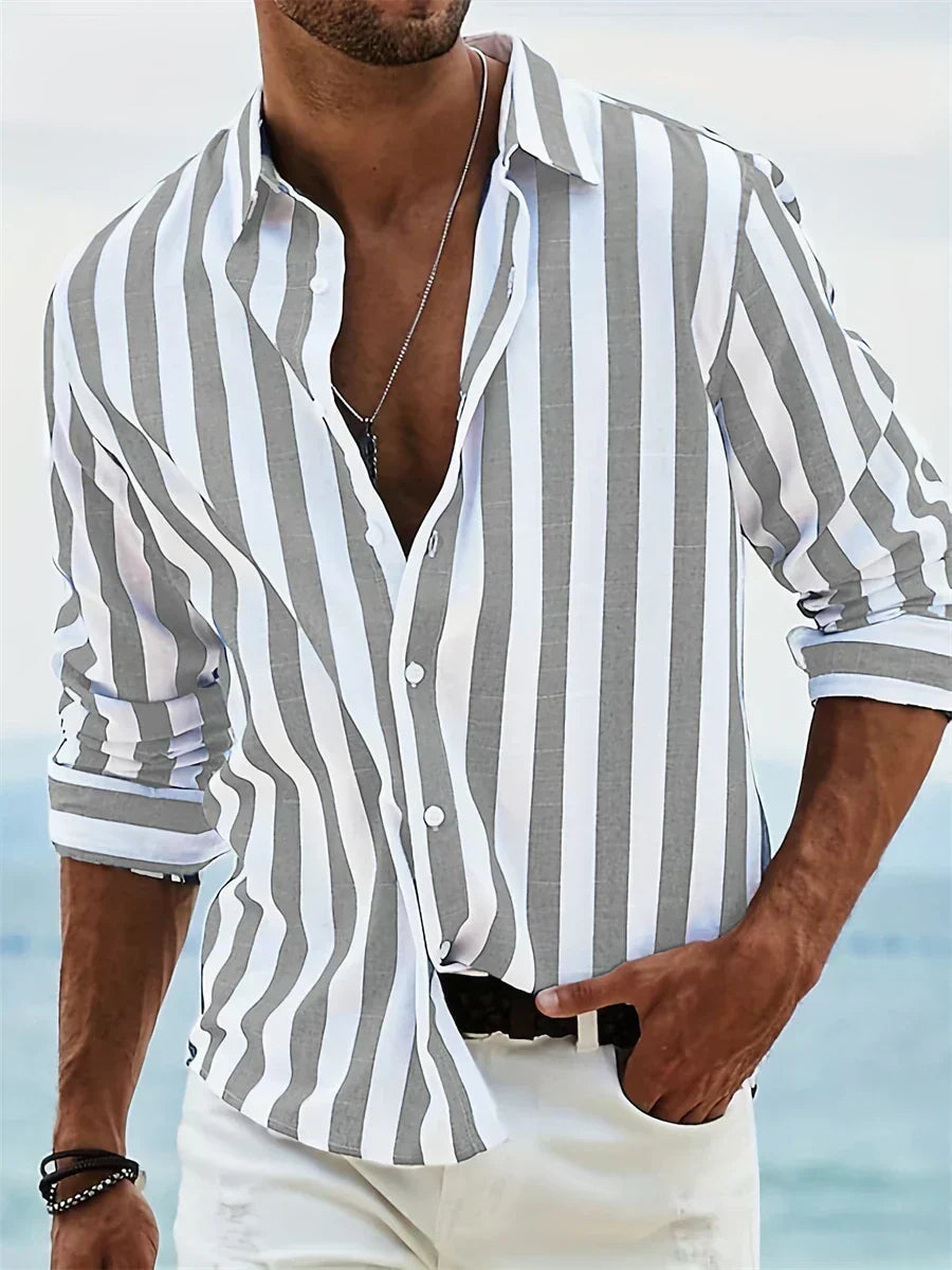 Men's Casual Woven Shirt with Vertical Stripes and Button Cuffs 5