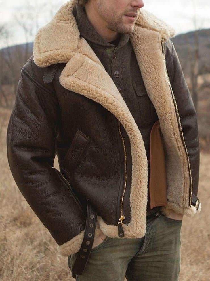 Men's Coated Jacket with Faux Shearling Trim and Asym Zip 0