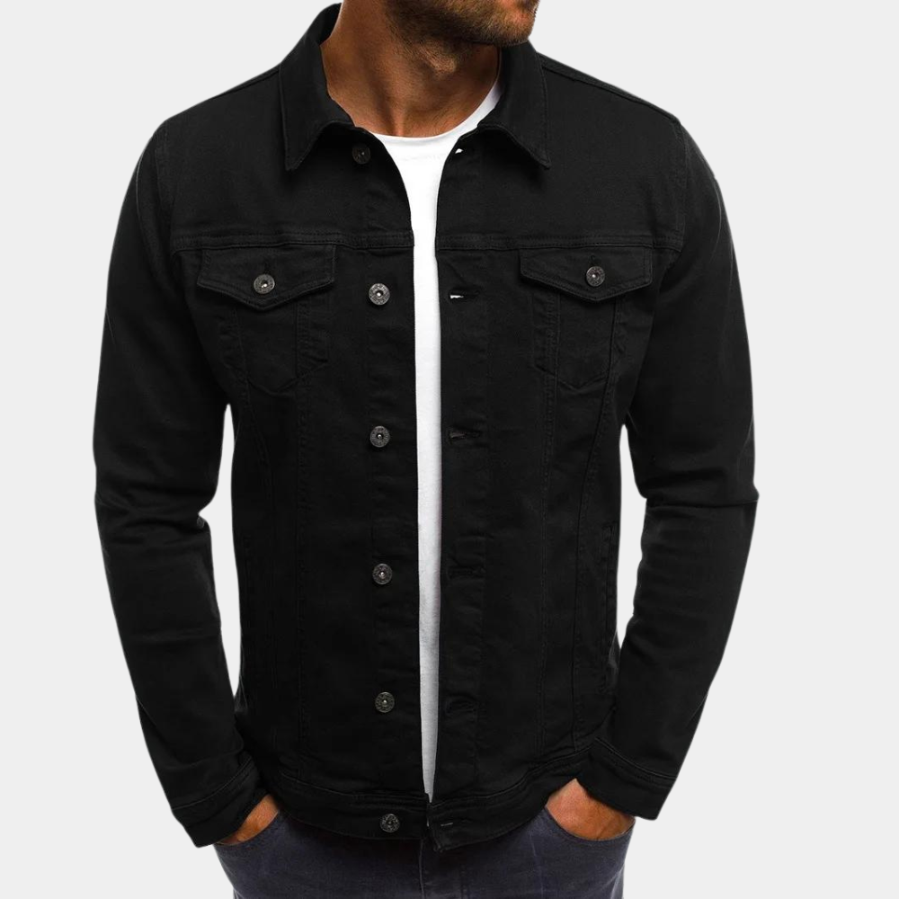Men's Denim Trucker Jacket with Button Front and Flap Pockets 2