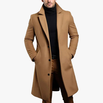 Men's Formal Woven Long Coat with Notched Lapel and Pockets 0