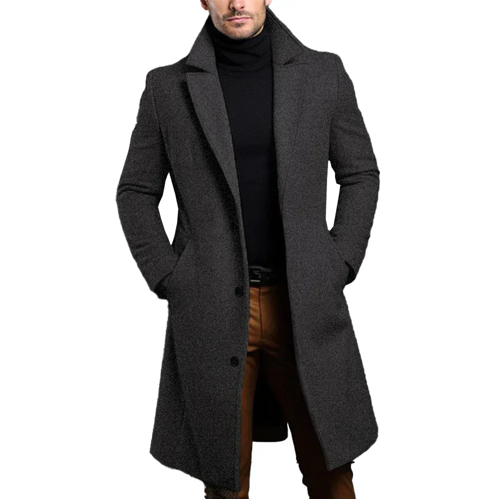 Men's Formal Woven Long Coat with Notched Lapel and Pockets 1