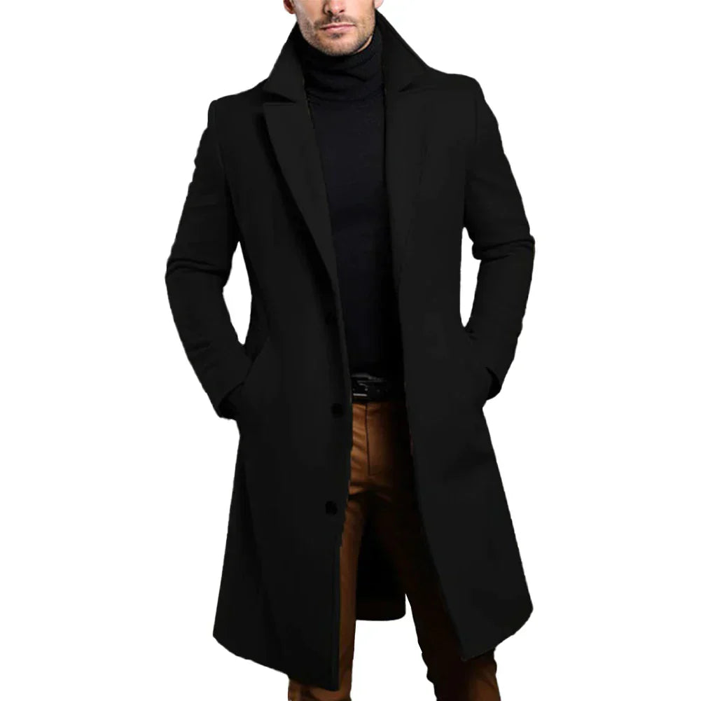 Men's Formal Woven Long Coat with Notched Lapel and Pockets 2
