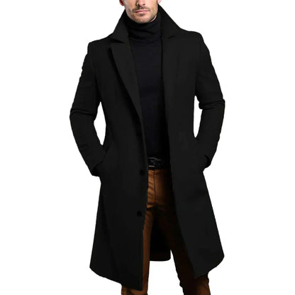 Men's Formal Woven Long Coat with Notched Lapel and Pockets 2