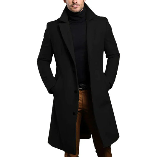 Men's Formal Woven Long Coat with Notched Lapel and Pockets 2
