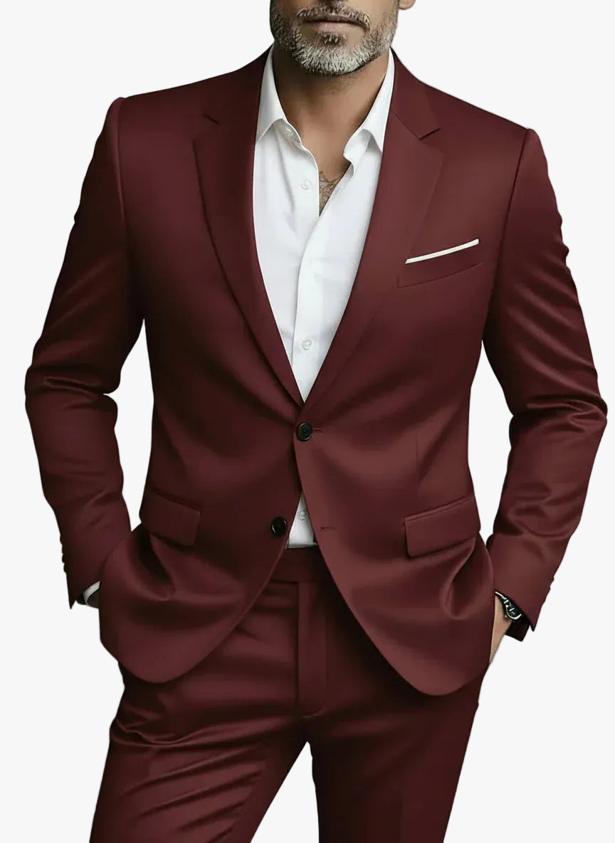 Men's Formal Woven Suit Set with Notched Lapels and One-Button Blazer 0