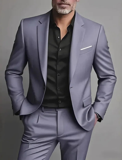 Men's Formal Woven Suit Set with Notched Lapels and One-Button Blazer 1