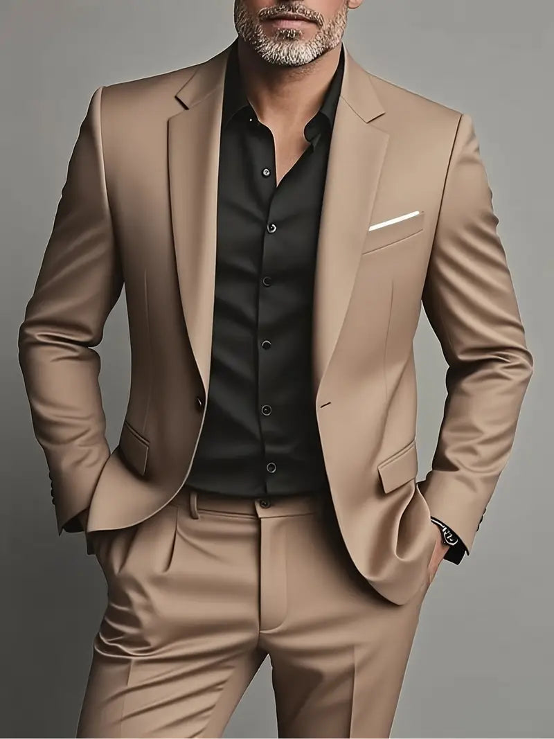 Men's Formal Woven Suit Set with Notched Lapels and One-Button Blazer 2