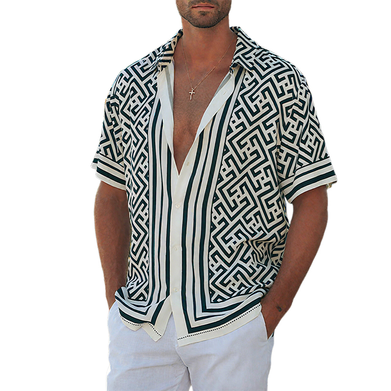 Men's Geometric Print Short-Sleeve Shirt with Lapel Collar 0