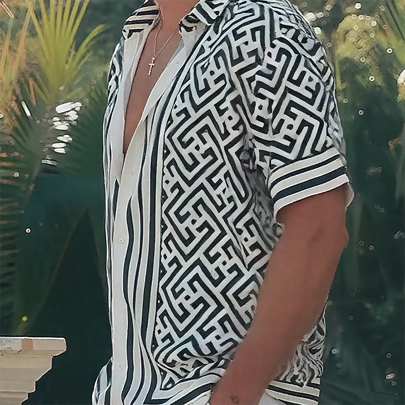 Men's Geometric Print Short-Sleeve Shirt with Lapel Collar 3