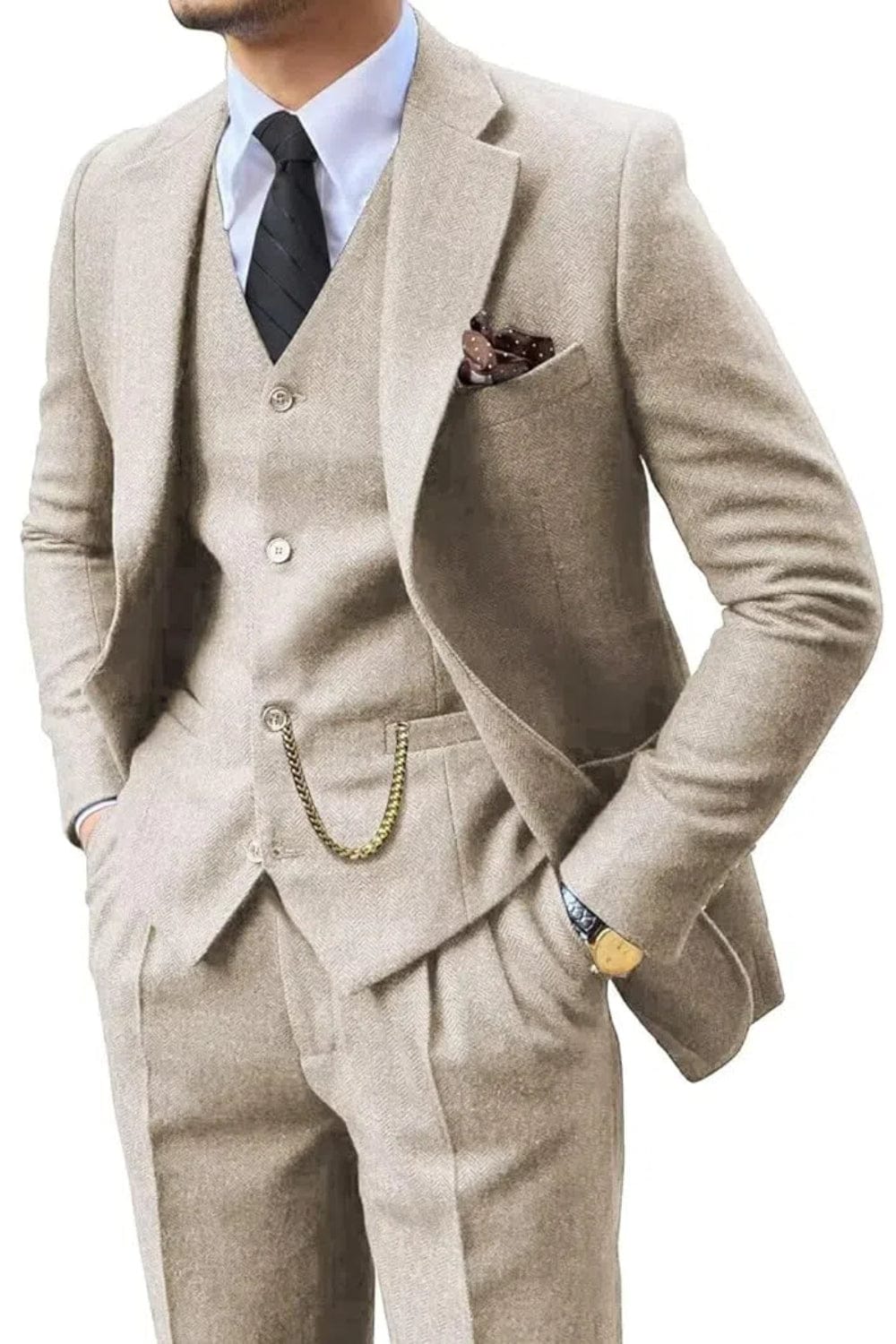 Men's Herringbone Woven Suit Set with Notched Lapel and Vest 0